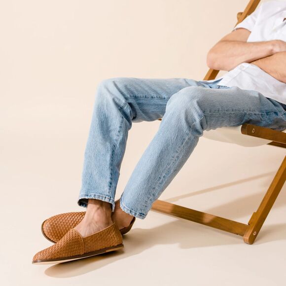 NISOLO MEN'S ALEJANDRO WOVEN LEATHER SLIP‎ ON SHOES ALMOND NEW $190 - Picture 1 of 9